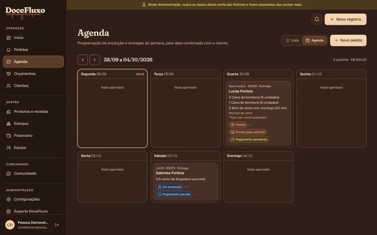 Agenda da semana no DoceFluxo com pedidos de retirada e entrega, etapa de produção e situação do pagamento.