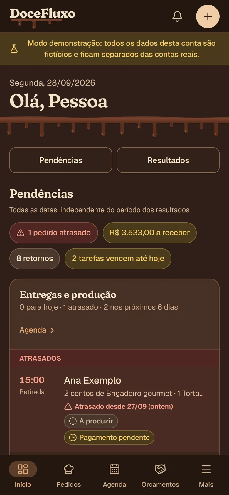 Início do DoceFluxo no celular, com as pendências do dia.